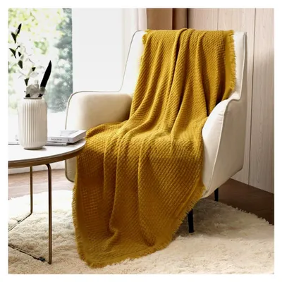 Produktbild von Gestrickte Decke im Boho-Stil für Couch, Sofa, Stuhl und Bett, weich, warm und leicht für Frühling, Sommer und Herbst (127,7 x 152,4 cm, Gelb/Senf)