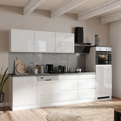 Produktbild von Küchenzeile 300 cm, inkl. E-Geräte, in Hochglanz weiß, Arbeitsplatte Betonoptik MARSEILLE-03
