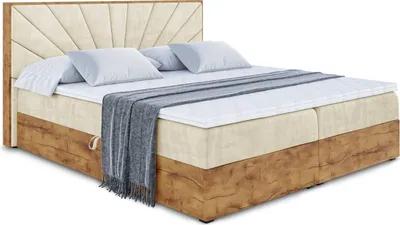 Produktbild von ALTDECOR Boxspringbett LOLLI6 mit H4-Matratze + Topper, Kopfteil und Bettkasten mit Eiche Holz -  180x200 - Beige Samt