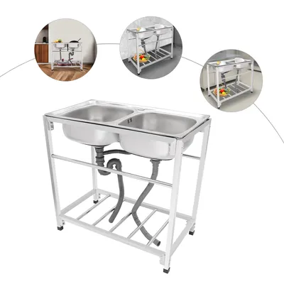 A collage of images showing a commercial stainless steel double sink with a stand, including close-ups and context shots.