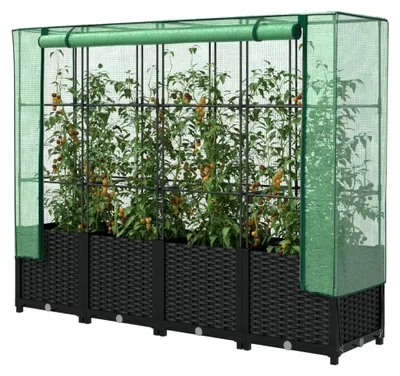 Produktbild von Hochbeet mit Gewächshausabdeckung in Rattan-Optik 160x40x138cm