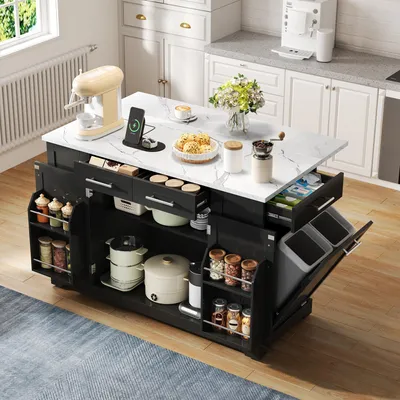 Produktbild von Moderne Kücheninsel 138cm, Klapparbeitsplatte, Rollen, EU-Steckdose, verstellbare Regale, Auszieh-Müllraum, schwarz-marmor.