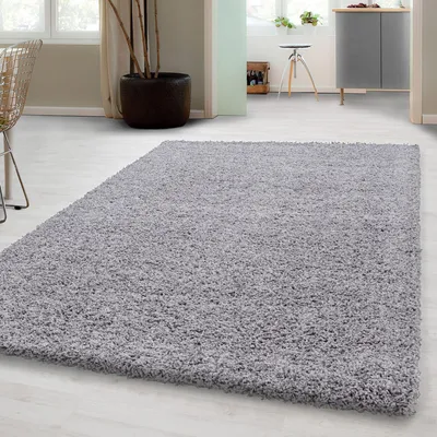 A shaggy rug is placed on a light-colored floor in a room with a chair and a plant.