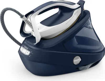 A blue and white steam ironing station is shown against a white background.