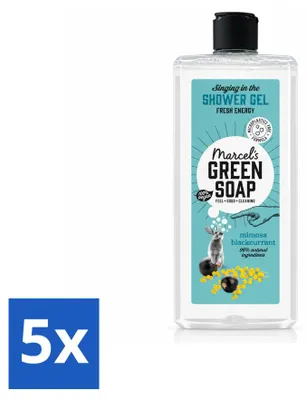 Imagen del producto de 5 unidades de gel de ducha "Marcel's Green Soap" con aroma a mimosa y grosella negra, 300 ml cada uno. Paquete económico
