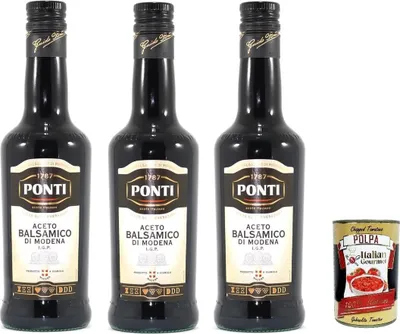 Produktbild von Ponti Aceto Balsamico di Modena IGP 3 x 500ml Balsamessig aus Italien für Salate Marinaden Käse und Desserts im Vorratspack + Italian Gourmet polpa