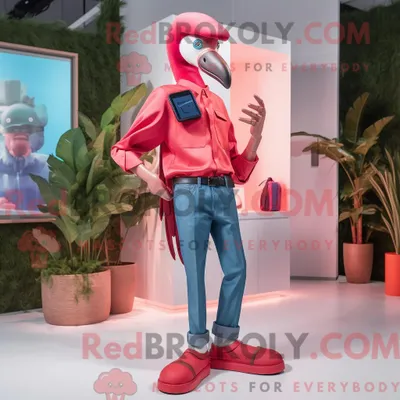 Produktbild von Maskottchenkostüm REDBROKOLY Roter Flamingo mit Bootcut-Jeans und Smartwatches