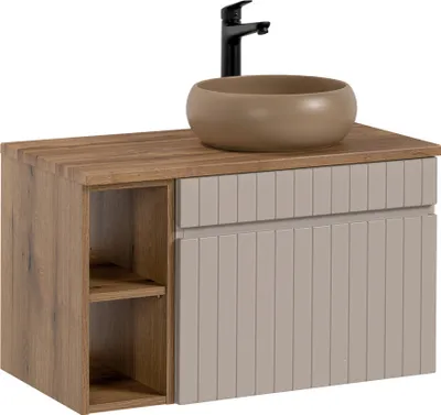 Produktbild von Waschtisch Set 81 cm Aufsatzwaschbecken Keramik IRAKLIO-56-CASHMERE Eiche Nb. Kaschmir B/H/T ca. 80,4/60,5/46 cm