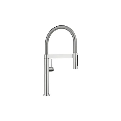 A close-up studio shot of a modern kitchen faucet against a white background.