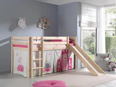 Produktbild von Vipack Spielbett Pino inkl. Rutsche, Liegefläche 90x200 cm mit Textilset Vorhang "Princes"