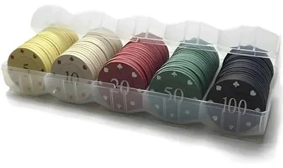 Zdjęcie produktu dla Żetony pokerowe plastikowe 100 sztuk kolorowe nominały pudełko gry