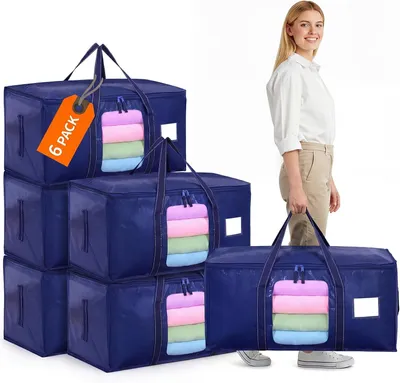 Obrázok produktu pre Úložné tašky 90 l, 6 ks, s vekom a priehľadným okienkom, modrá, pre uloženie oblečenia