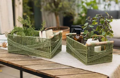 Image de 2x corbeille de rangement "vert mousse" en ficelle de papier tressée, vert, corbeille de rangement, corbeille de salle de bain