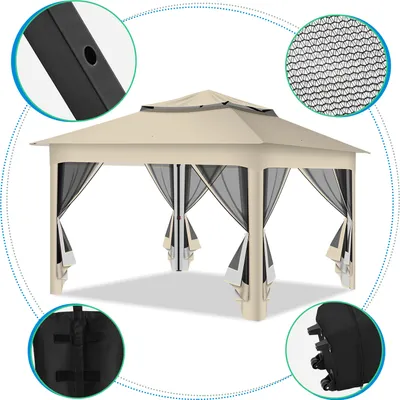 Obrázok produktu pre Hengda Pavilón 3,3 x 3,3 x 2,7 m, skladací pavilón, záhradný stan so 4 bočnými stenami z gázy, UV ochrana 50+, dvojitá strecha, béžová