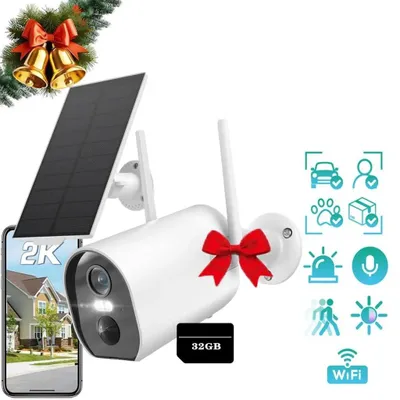 Image de Caméra de surveillance extérieure batterie solaire - 2K caméra WLAN surveillance extérieure avec panneau solaire 32GB