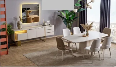 Immagine prodotto di Set per sala da pranzo: tavolo, 6 sedie, credenza, specchio, set di mobili