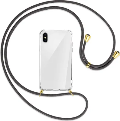 Produktbild von Handykette Backcover-Schutzhülle mit Band (Metall goldfarben) für Apple iPhone X / XS / 10 - dunkelgrau