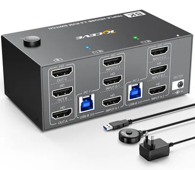 Zdjęcie produktu dla Przełącznik KVM obsługujący 2 komputery, 3 monitory, rozdzielczość 8K@60Hz oraz 4K@144Hz, wyposażony w 4 porty USB 3.0