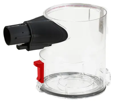 A transparent dust container with a black nozzle and a red release lever, isolated on a white background.
