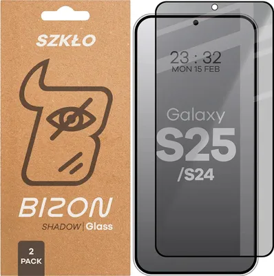 Produktbild von 2x Gehärtetes Glas mit Privatschutzfilter für Galaxy S25 / S24, Bizon Glass Edge Shadow Duo, getönt mit schwarzer Rahmen