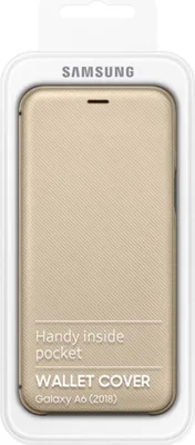 The image shows a Samsung wallet cover for a Galaxy A6 (2018) phone, presented in its retail packaging.
