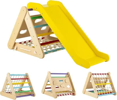 Imagen del producto de Estructura de juego 4 en 1 con tobogán, triángulos de escalada para niños, parque infantil de madera, juguete de escalada Montessori para niños a partir de 1 año, triángulo de escalada con capacidad máxima de 60 kg (de colores)