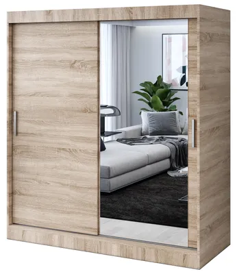 Produktbild von Kleiderschrank mit Spiegel - 180x200cm - Sonoma Eiche - Schiebetürenschrank HUGO - 2-türig - mit 2 Kleiderstangen