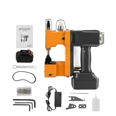 A portable sewing machine and its accessories are laid out on a white background.