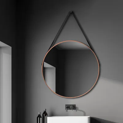 Produktbild von Wandspiegel rund Talos Copper Style Matt Ø 80 cm - Badspiegel mit Aufhängegurt in Lederoptik - hochwertiger umlaufender Aluminiumrahmen in kupferfarben - Badezimmerspiegel