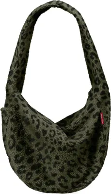 A fuzzy leopard print sling bag on a white background.