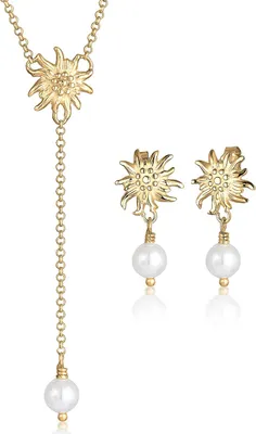 Produktbild von ELLI Damen Trachten Schmuckset mit Y-Halskette, Ohrschmuck, Edelweiss-Anhänger und Muschelkernperle
