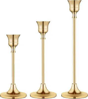 Produktbild von Kerzenständer, Spitzkerzenhalter, Messing-Gold-Kerzenständer-Set, 3-teiliges Kerzenständer-Set, dekorativer Kerzenständer für Hochzeiten, Partys und Dinnerpartys (Messing-Gold)