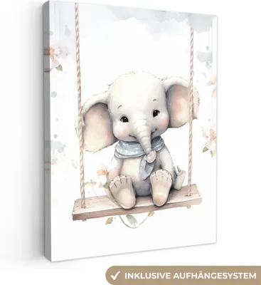 Produktbild von MuchoWow® - Leinwandbilder - Elefant - Tier - Kinder, Wandbild, Wanddeko Bilder Wohnzimmer, 90x120 cm
