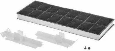 A charcoal filter and two plastic mounting brackets are shown on a white background.
