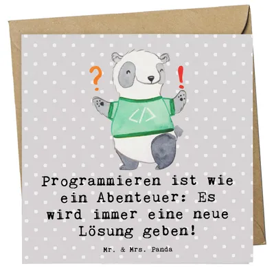 Produktbild von Mr. & Mrs. Panda Grußkarte Panda Programmierer Abenteuer - Grau Pastell - Geschenk, anlasskarte, faltkarte, Glückwunschkarte, Geschenke, Berufe, doppelkarte, Klappkarte