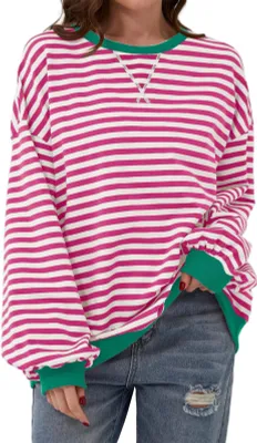 Produktbild von ASKSA Damen Sweatshirt Oversized Gestreift Farbblock Rundhals Langarmshirt Oberteile Herbst Y2K Shirt (Rosenrot,M)