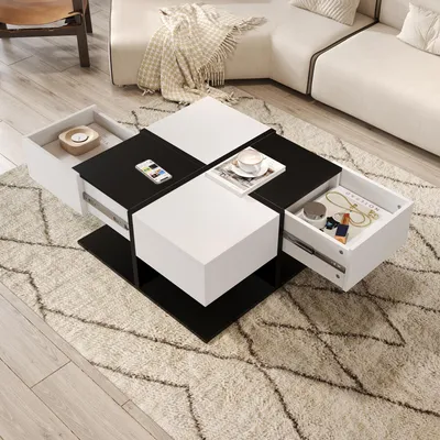 Produktbild von okwish Hochglanz Couchtisch Wohnzimmertisch mit Farbblock-Design,Quadratischer Kaffeetisch mit 2 Schubladen,mit Sanftem Schubladenschienen,Schwarz+Weiß