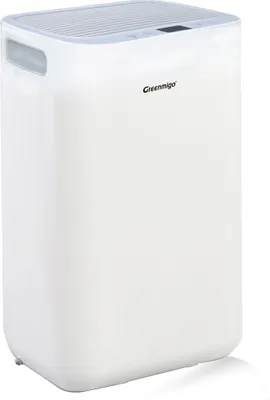 A white dehumidifier with a gray top grille and a digital display.