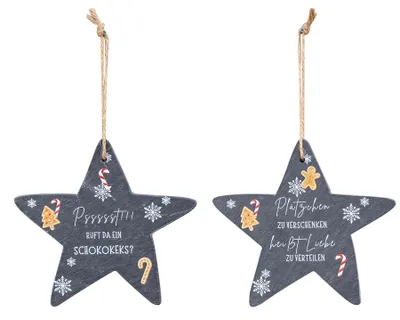 Produktbild von 2er Set Deko Stern Anhänger 15cm Schiefer Weihnachten Sprüche Keks Weihnachtsdeko Dekobild Tafel Plätzchen