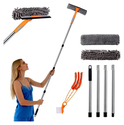 Produktbild von Fensterwischer mit 1.7m Teleskopstange, 2 In 1 Professioneller Fensterreiniger Set mit mit Silikonabzieher & Mikrofaserschrubber, Fensterputzer für Bad, Dusche, Glas, Spiegel, Auto
