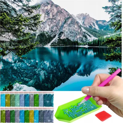 Produktbild von ARTULIO Diamond Painting Set - Berglandschaft mit blauem See - 60 x 40 cm - Groß XXL - 5D Crystal Art, Home Wand Deko