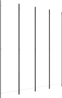 Several tall, thin, dark gray poles stand vertically against a white background. A thin white line connects the bases of the poles.