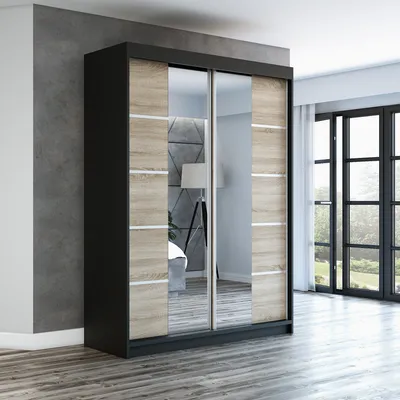 Produktbild von Schwebetürenschrank, 2-türig Schrank ERA 160 cm (mit Spiegel) (Schwarz / sonoma/ sonoma)
