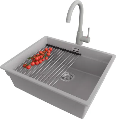 Produktbild von PRIMAGRAN Granitspüle Grau 56x47cm, Spülbecken 1 Becken + Küchenarmatur 32x20cm + Ablauf-Set + Küchenzubehörset, Küchenspüle ab 60er Unterschrank - Praga Slim