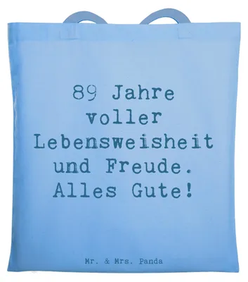 Produktbild von Mr. & Mrs. Panda Stoffbeutel Spruch 89. Geburtstag Freude - Sky Blue - Geschenk, Schultasche, erfülltes Leben, Geburtstagsgeschenk, Happy Birthday, Uni Tasche, Jutebeutel