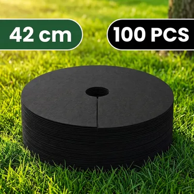 Zdjęcie produktu dla Agrowłóknina okrągła 20 szt. – mata przeciw chwastom 32/42/52 cm, wielorazowa, czarna — 100 szt.