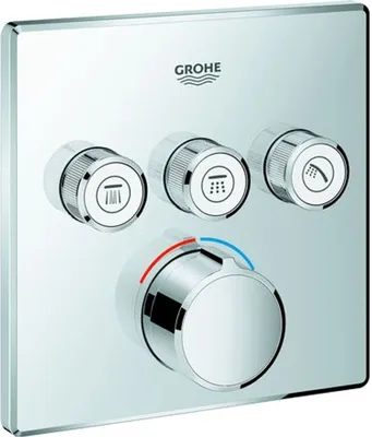 A close-up studio shot of a Grohe SmartControl shower valve with three knobs and a large temperature control dial.