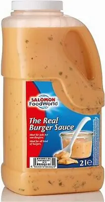 A large plastic bottle of burger sauce with a handle.