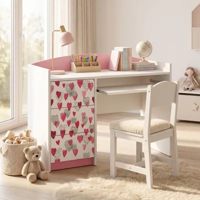 Immagine prodotto di Scrivania rosa per bambini e adolescenti, graziosa scrivania per ragazzi con decorazioni, tavolo da lavoro per bambini, ideale per la cameretta delle bambine, Immagine generata dall'IA