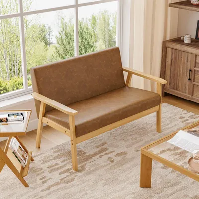 Produktbild von Dripex Sofa 2 Sitzer, Couch Modern und Skandinavisch, Loungesofa aus Holz und Kunstleder für Wohnzimmer Schlafzimmer Büro, Vintagebraun, 107x60x77cm